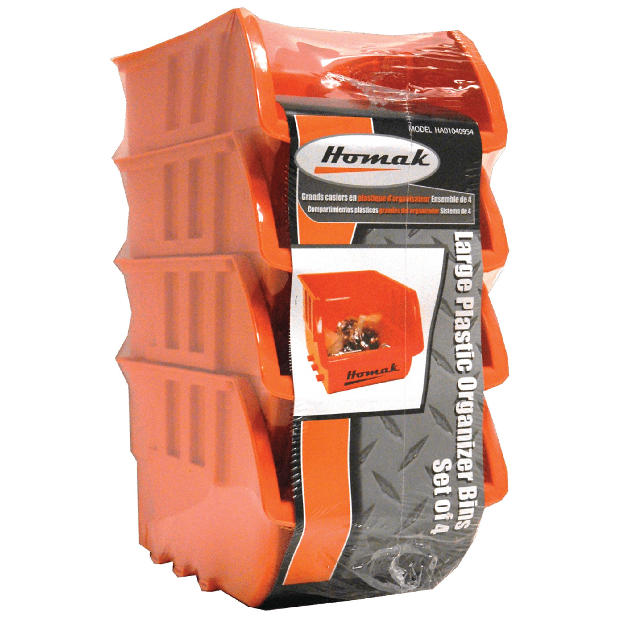 Homak, Large Plastic Bins Set Of 4, Orange, Easily stackable, Model # HA01040954